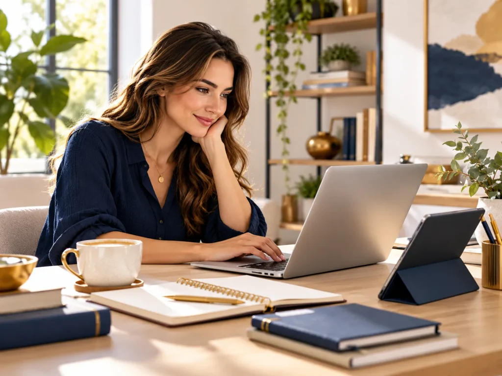 Vrouw werkt thuis met laptop en tablet in een modern interieur Title: Samen ideeën en kennis delen