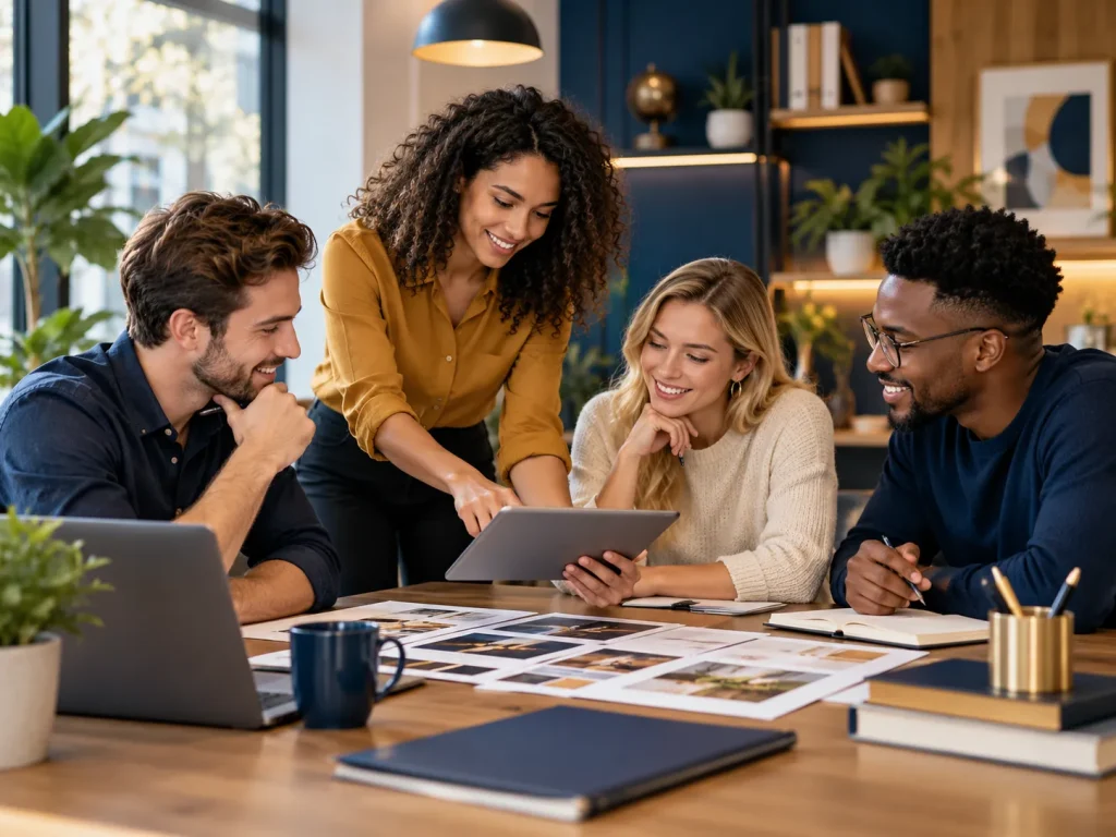 Team bespreekt informatie en ideeën rond een tafel in een moderne werkruimte