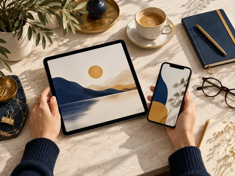 Tablet en smartphone op een stijlvolle werkplek met blauwe en gouden accenten
