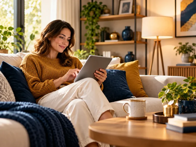Vrouw leest informatie op een tablet in een warme moderne woonkamer