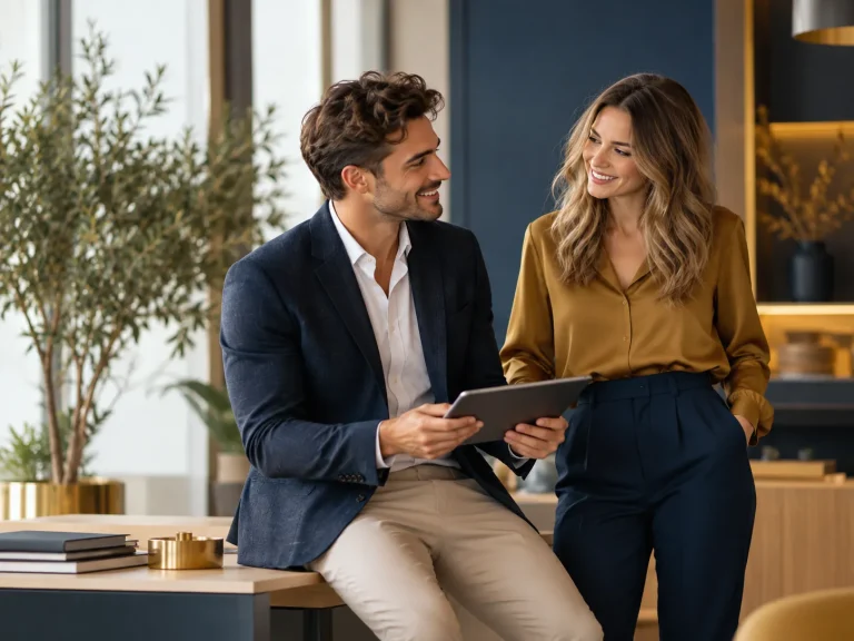 Twee professionals van Galvada bespreken samen informatie op een tablet in een stijlvolle werkomgeving