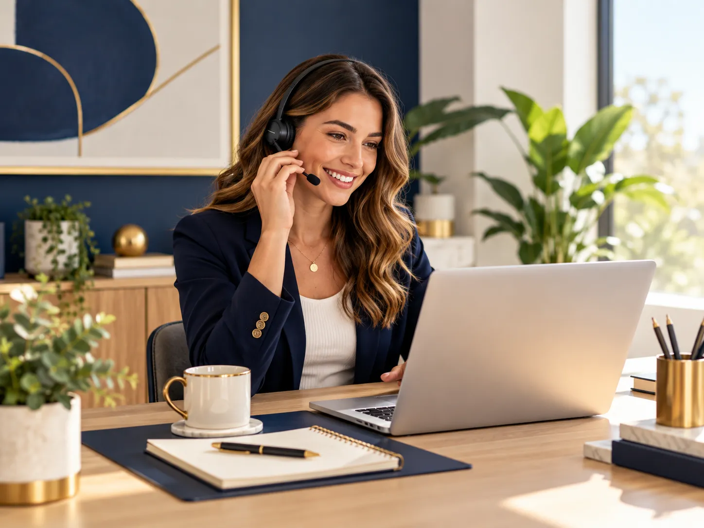 Vriendelijke professional met headset werkt achter een laptop in een moderne kantooromgeving