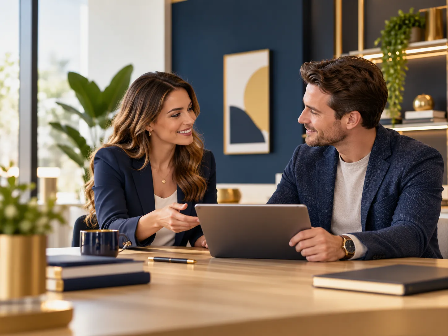 Twee professionals bespreken samen informatie op een tablet aan een bureau