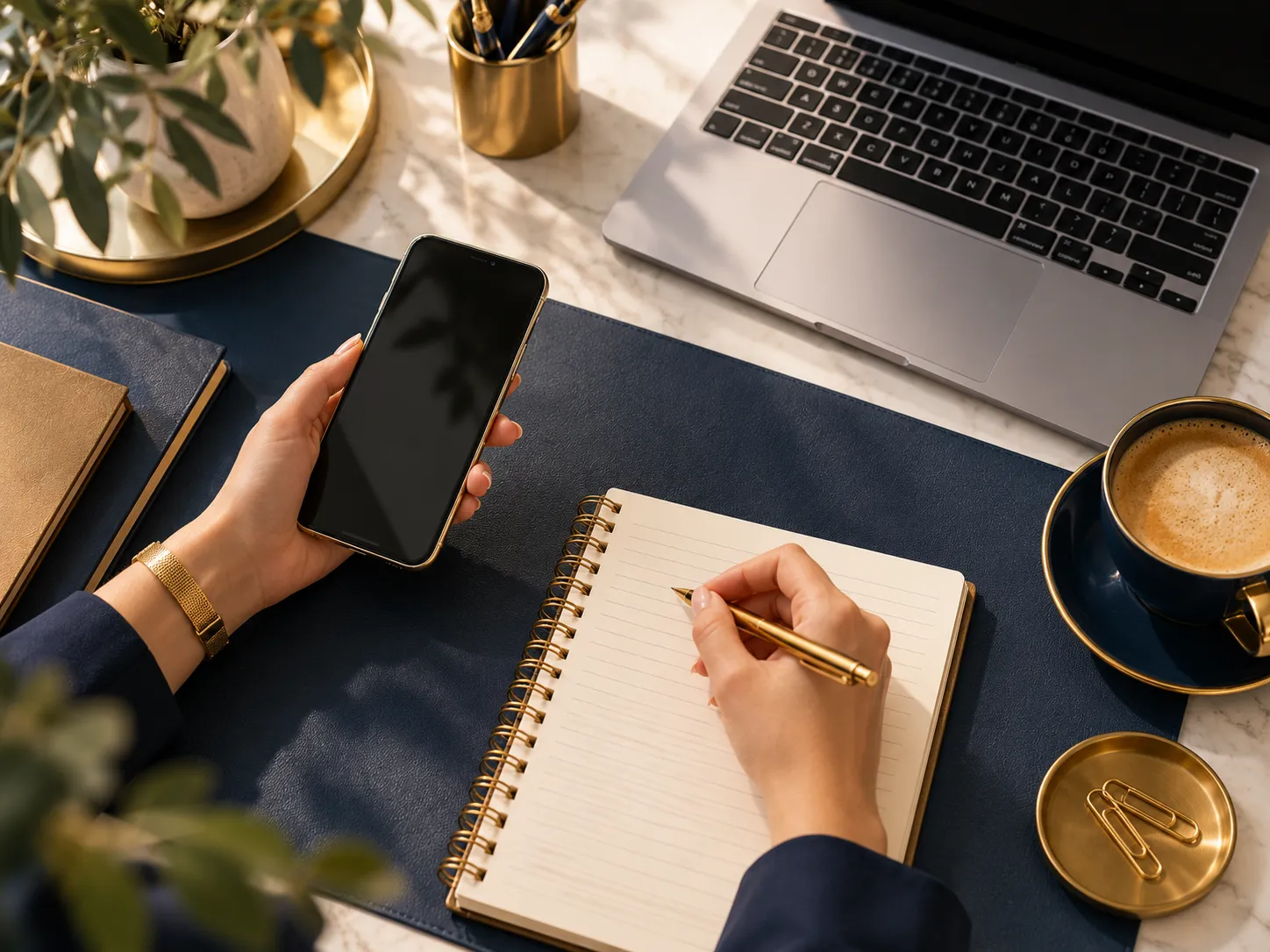 Bureau met smartphone, notitieboek, laptop en koffie in een stijlvolle werkruimte