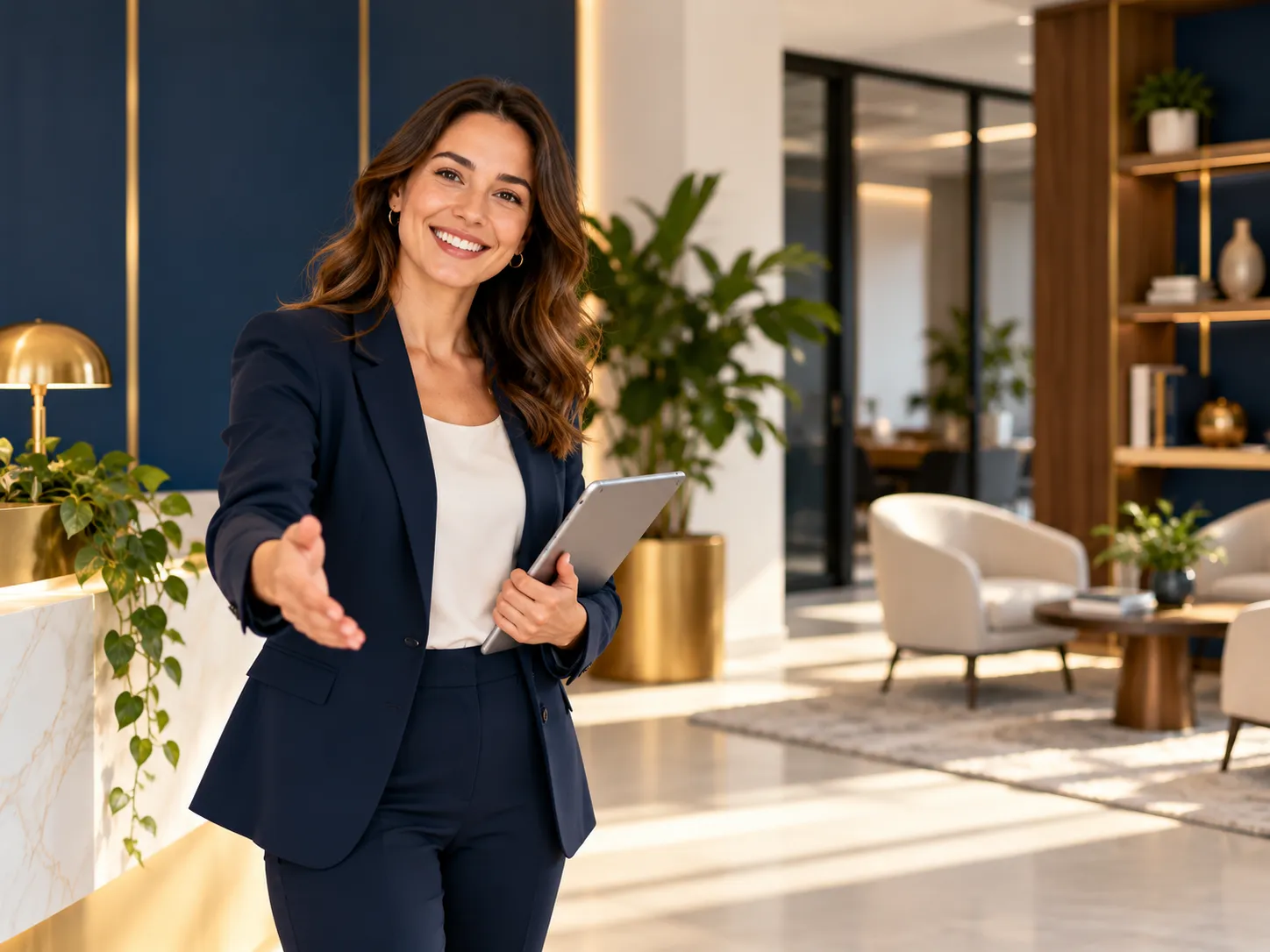Professionele vrouw met tablet heet bezoekers welkom in een moderne kantoorruimte