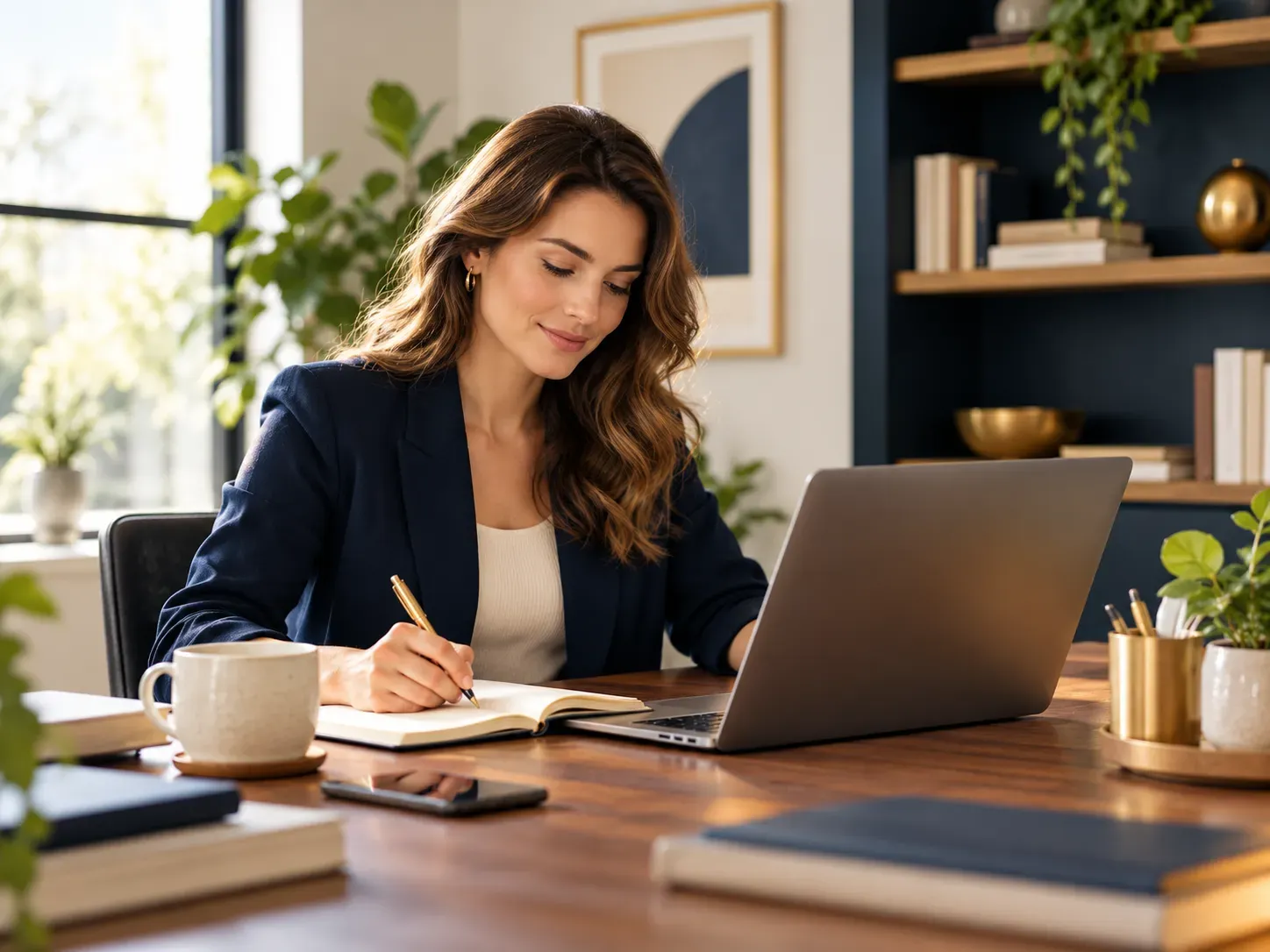 Professionele vrouw schrijft aantekeningen naast een laptop in een moderne werkomgeving