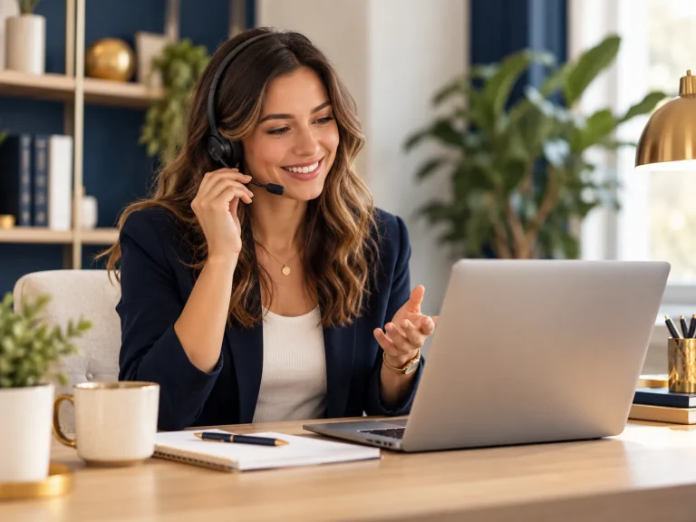 Vriendelijke medewerker met headset helpt online via laptop in een moderne werkomgeving