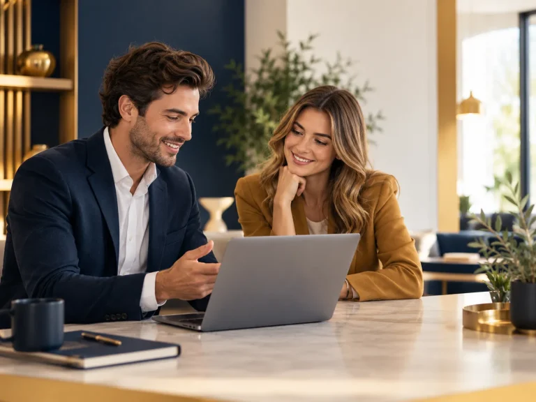 Twee professionals bekijken samen informatie op een laptop in een stijlvolle kantoorruimte